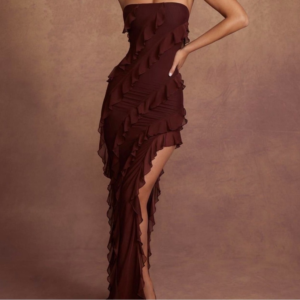 Oh Polly NEVALI Bandeau Ruffle Detail Maxi Dress in Brown